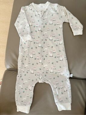 Baby One-Piece Zip Romper in Light Gray with Bunny Print